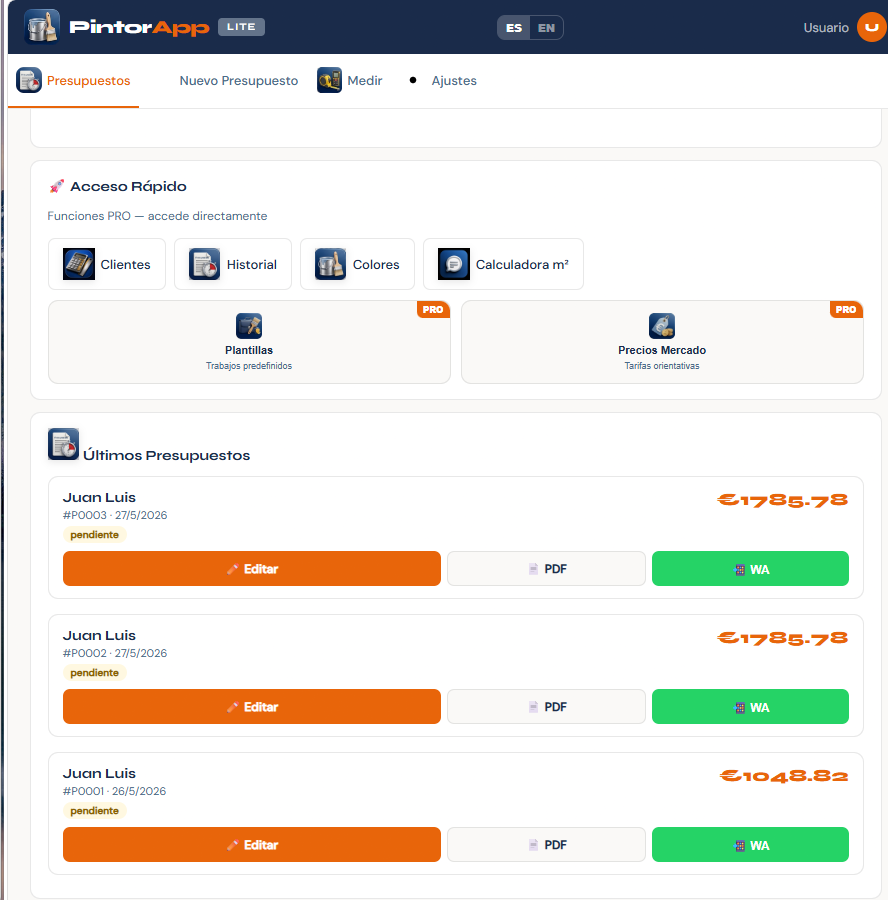Dashboard de PintorApp con accesos rápidos y últimos presupuestos