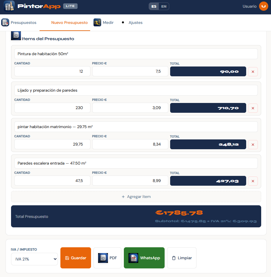 Vista de ítems del presupuesto con total 1.785,78 € y botones Guardar, PDF y WhatsApp
